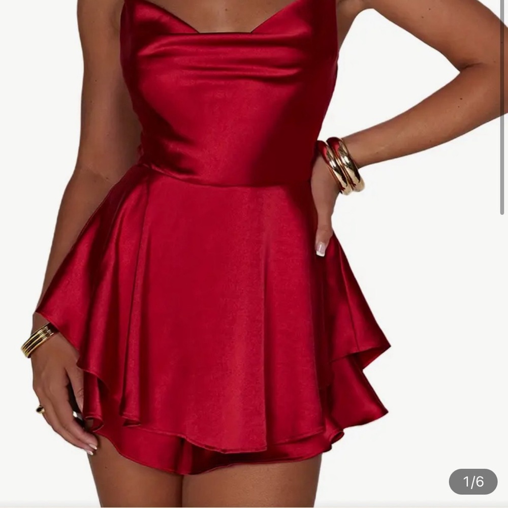 Red Satin Ruffle Layer Mini Short Romper
